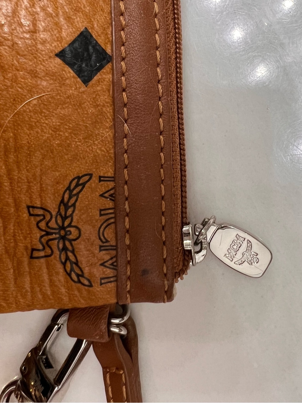 MCM Cognac Logo Print Leather Wristlet in Black Accents - Picture 2 of 6